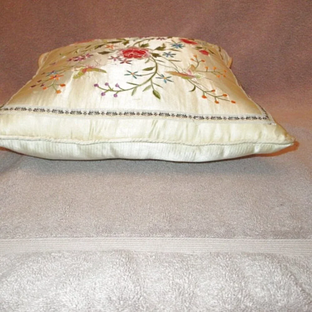 Vtg Floral Embroidered Satin Throw Pillow Cottagecore Boudoir Regency Old Money